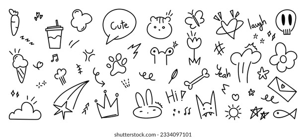 Conjunto de lindos vectores de elementos de doodle de línea de lápiz. Colección de estilo de garabato dibujado a mano de corazón, burbuja de habla, palabra, nube, flecha, estrella, cráneo. Diseño de decoración, pegatinas, afiche de ídolos, medios sociales