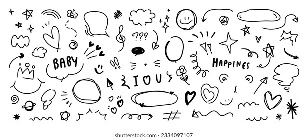 Set of cute pen line doodle element vector. Hand drawn doodle style collection of heart, speech bubble, word, cloud, arrow, star. Design for decoration, sticker, idol poster, social media