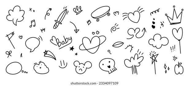 Set of cute pen line doodle element vector. Hand drawn doodle style collection of heart, speech bubble, word, cloud, arrow, crown, skull. Design for decoration, sticker, idol poster, social media