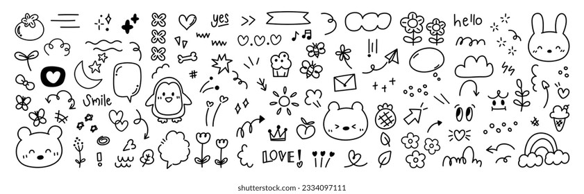 Set of cute pen line doodle element vector. Hand drawn doodle style collection of heart, speech bubble, word, cloud, penguin, ice cream. Design for decoration, sticker, idol poster, social media