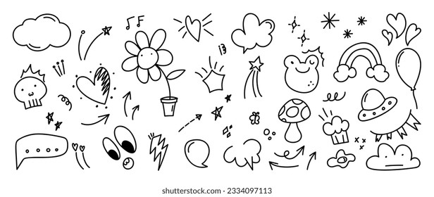 Set of cute pen line doodle element vector. Hand drawn doodle style collection of heart, speech bubble, word, cloud, arrow, mushroom, skull. Design for decoration, sticker, idol poster, social media