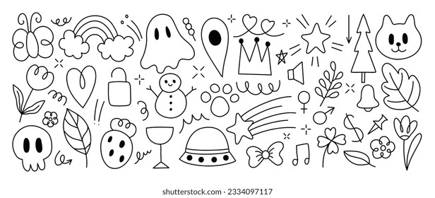Set aus süßem Pen-Linie-Doodle-Element, Vektorgrafik. Handgezeichnete doodle Stil Sammlung von Herz, Blume, Kronen, Schädel, Pfeil, Schmetterling, Schneemann, Baum. Design für Dekoration, Aufkleber, Dol-Poster, soziale Medien