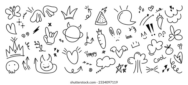 Set of cute pen line doodle element vector. Hand drawn doodle style collection of heart, speech bubble, word, cloud, arrow, watermelon, skull. Design for decoration, sticker, idol poster, social media