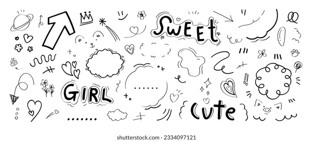 Set of cute pen line doodle element vector. Hand drawn doodle style collection of heart, flower, star, word, arrow, speech bubble, pig. Design for decoration, sticker, idol poster, social media