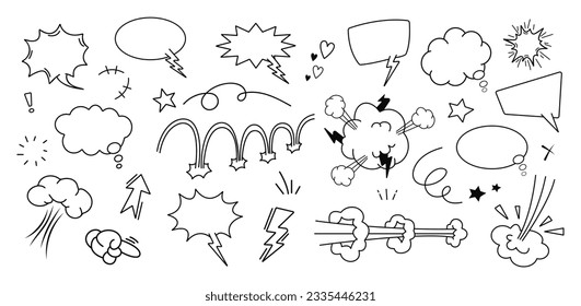 Set of cute pen line doodle element vector. Hand drawn doodle style collection of heart, arrows, scribble, speech bubble, star. Design for print, cartoon, card, decoration, sticker