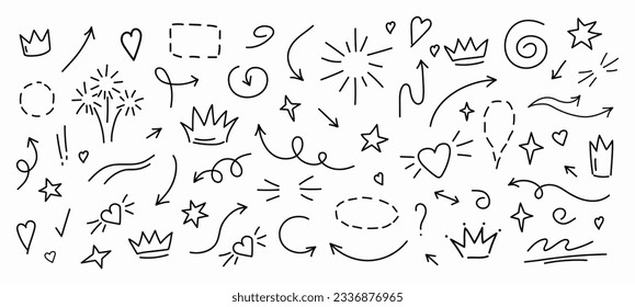 Set aus süßem Pen-Linie-Doodle-Element, Vektorgrafik. Handgezeichnete doodle Stil Sammlung von Herz, Pfeile, Schreib, Blume, Stern, Krone, Schreib. Design für Druck, Cartoon, Karte, Dekoration, Aufkleber