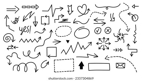 Set of cute pen line doodle element vector. Hand drawn doodle style collection of heart, arrows, scribble, star, speech bubble, words. Design for print, cartoon, card, decoration, sticker