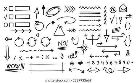  Set aus süßem Pen-Linie-Doodle-Element, Vektorgrafik. Handgezeichnete doodle-Stil-Sammlung von Pfeilen, Schreib, Sprechblase, Zahlen, Wörtern. Design für Druck, Cartoon, Karte, Dekoration, Aufkleber