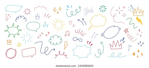 Set of cute pen line doodle element vector. Hand drawn doodle style collection of arrow, speech bubble, firework, thunder, scribble, colorful. Design for decoration, sticker, idol poster, social media