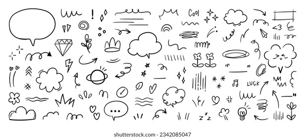 Set of cute pen line doodle element vector. Hand drawn doodle style collection of speech bubble, arrow, firework, star, heart, flower. Design for decoration, sticker, idol poster, social media.