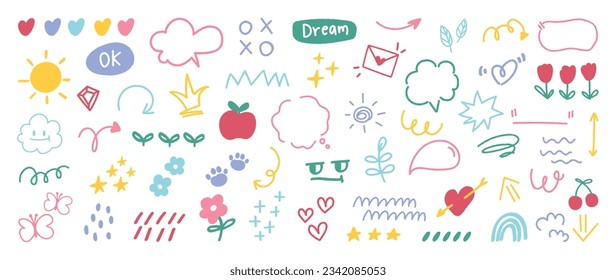 Set of cute pen line doodle element vector. Hand drawn doodle style collection of arrow, speech bubble, butterfly, flower, scribble, colorful. Design for decoration, sticker, idol poster, social media