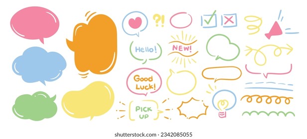 Set of cute pen line doodle element vector. Hand drawn doodle style collection of arrow, speech bubble, word, heart, scribble, colorful. Design for decoration, sticker, idol poster, social media.