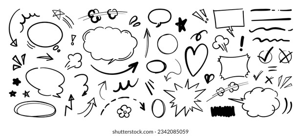 Set of cute pen line doodle element vector. Hand drawn doodle style collection of speech bubble, arrow, firework, star, heart. Design for decoration, sticker, idol poster, social media.