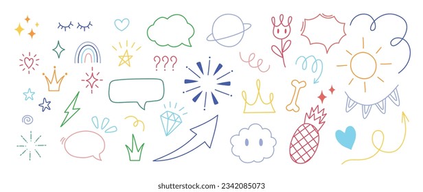 Conjunto de lindos vectores de elementos de doodle de línea de lápiz. Colección de estilo de doodle dibujado a mano de flecha, burbuja de habla, fuegos artificiales, truenos, garabatos, colorido. Diseño de decoración, pegatinas, afiche de ídolos, medios sociales