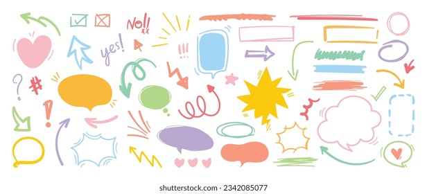 Set of cute pen line doodle element vector. Hand drawn doodle style collection of arrow, speech bubble, star, heart, scribble, colorful. Design for decoration, sticker, idol poster, social media.