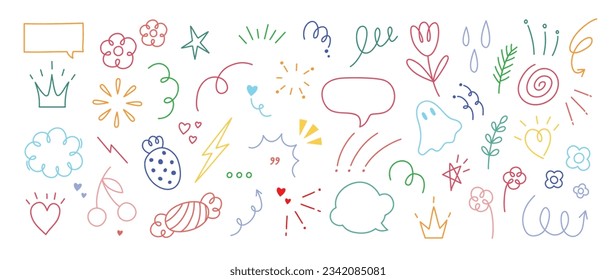 Set of cute pen line doodle element vector. Hand drawn doodle style collection of arrow, speech bubble, firework, thunder, scribble, colorful. Design for decoration, sticker, idol poster, social media