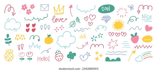 Set of cute pen line doodle element vector. Hand drawn doodle style collection of arrow, speech bubble, crown, flower, scribble, colorful. Design for decoration, sticker, idol poster, social media.