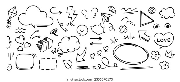 Set of cute pen line doodle element vector. Hand drawn doodle style collection of speech bubble, arrow, rocket, thunderbolt, crown, heart. Design for decoration, sticker, idol poster, social media.