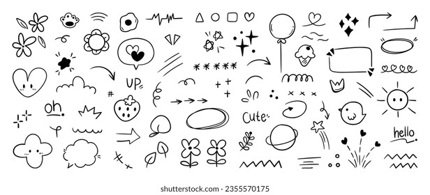 Set of cute pen line doodle element vector. Hand drawn doodle style collection of speech bubble, arrow, firework, ice cream, strawberry. Design for decoration, sticker, idol poster, social media.