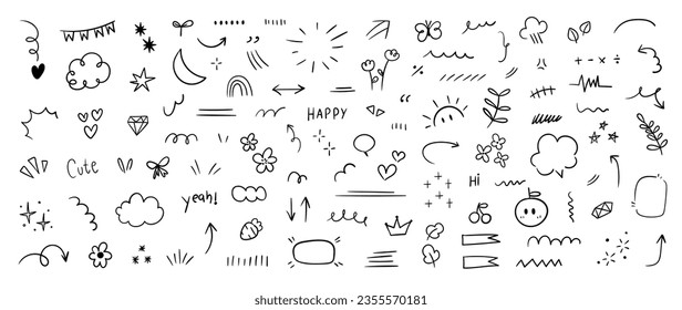 Set of cute pen line doodle element vector. Hand drawn doodle style collection of speech bubble, arrow, rocket, butterfly, crown, heart. Design for decoration, sticker, idol poster, social media.