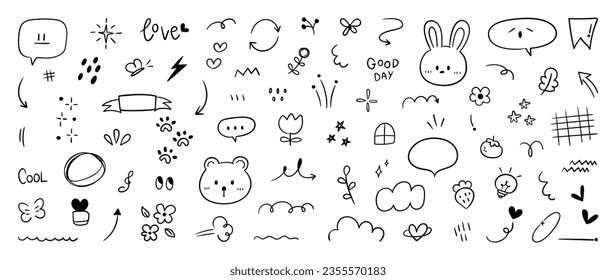 Set of cute pen line doodle element vector. Hand drawn doodle style collection of speech bubble, arrow, thunderbolt, star, rabbit, bear. Design for decoration, sticker, idol poster, social media.