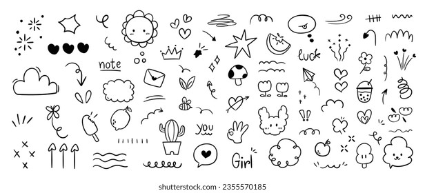 Set of cute pen line doodle element vector. Hand drawn doodle style collection of speech bubble, arrow, firework, heart, crown, flower, fart. Design for decoration, sticker, idol poster, social media.