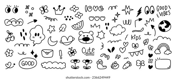 Set of cute pen line doodle element vector. Hand drawn doodle style collection of heart, arrow, flag, fruit, worm, crown, rainbow, bear. Design for print, cartoon, card, decoration, sticker.