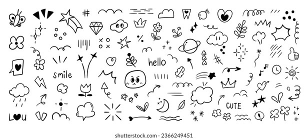 Set of cute pen line doodle element vector. Hand drawn doodle style collection of heart, arrows, scribble, flower, star, butterfly, diamond. Design for print, cartoon, card, decoration, sticker.