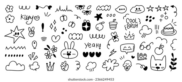 Conjunto de lindos vectores de elementos de doodle de línea de lápiz. Colección de estilo doodle dibujado a mano de corazón, helado, garabato, flor, estrella, mariposa, oso. Diseño para impresión, dibujos animados, tarjetas, decoración, pegatinas.