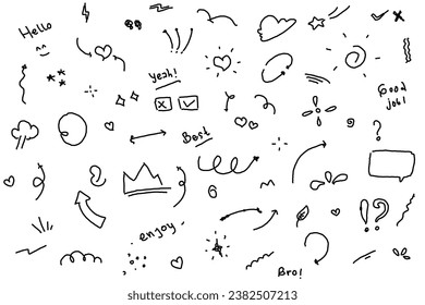 Set of cute pen line doodle element vector. Hand drawn doodle style collection of heart, arrows, scribble, speech bubble, flower, stars, words. Design for print, cartoon, card, decoration, sticker.