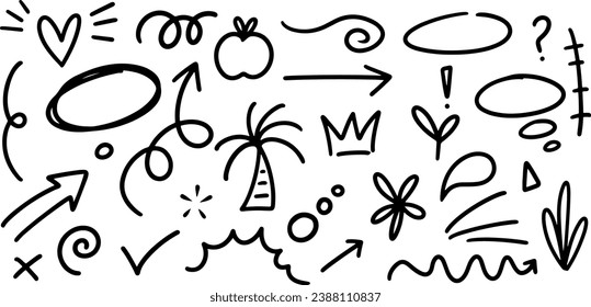 Set of cute pen line doodle element vector. Sketch underline, emphasis, arrow shape set. Children school, kindergarten vector doodle set. Vector illustration.