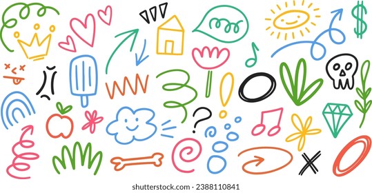 Set of cute pen line doodle element vector. Sketch underline, emphasis, arrow shape set. Children school, kindergarten vector doodle set. Vector illustration.