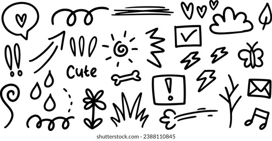 Conjunto de lindos vectores de elementos de doodle de línea de lápiz. Esbozar subrayado, énfasis, conjunto de formas de flecha. Colegio de niños, conjunto de doodles vectores de guardería. Ilustración vectorial.