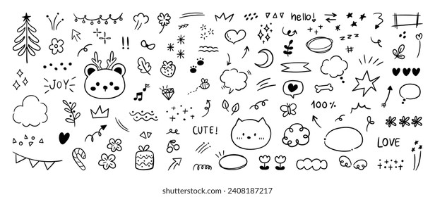 Set of cute pen line doodle element vector. Hand drawn doodle collection of cat, bear, stars, sparkle, words, heart, flower, scribble, arrows. Design for print, cartoon, card, decoration, sticker.