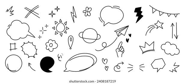 Set of cute pen line doodle element vector. Hand drawn doodle style collection of scribble, sun, arrows, stars, cloud, flower, speech bubble. Design for print, cartoon, card, decoration, sticker.