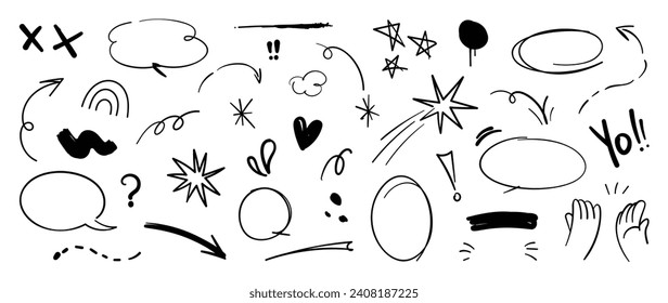 Set of cute pen line doodle element vector. Hand drawn doodle style collection of heart, arrows, scribble, speech bubble, chat, star, marks. Design for print, cartoon, card, decoration, sticker.