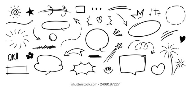 Set of cute pen line doodle element vector. Hand drawn doodle style collection of heart, arrows, scribble, speech bubble, chat, firework, flower. Design for print, cartoon, card, decoration, sticker.