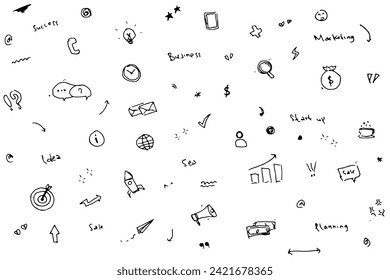 Set of cute pen line doodle element vector business. Hand drawn doodle style collection of statistic, arrows, scribble, speech bubble, globe, stars, words. 