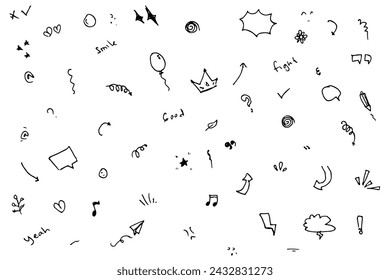 Set of cute pen line doodle element vector. Hand drawn doodle style collection.