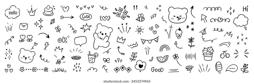 Set of cute pen line doodle element vector. Hand drawn doodle style collection of heart, arrows, scribble, flower, bear, speech bubble. Design for print, cartoon, clipart decoration, sticker.