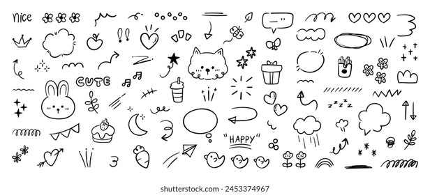 Conjunto de lindo Vector de elemento doodle de línea de pluma. Dibujado a mano estilo garabato colección de corazón, flechas, garabato, flor, oso, conejo, palabras. Diseño para impresión, dibujos animados, decoración de Clipart, etiqueta engomada.