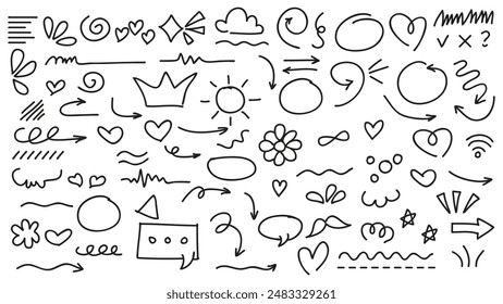 Set of cute pen line doodle element vector. Hand drawn doodle style collection of heart, arrows, circle,heart,sun bubble chat, crowd , flower and more.