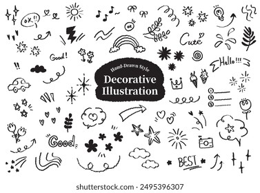 Set of cute pen line doodle element vector. Cartoon style glitter pen line elements. Sparkle line elements decoration symbol set icon. Arrows, heart, stars, flowers, hearts, signs cloud and symbols.