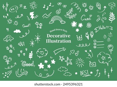 Set of cute pen line doodle element vector. Cartoon style glitter pen line elements. Sparkle line elements decoration symbol set icon. Arrows, heart, stars, flowers, hearts, signs cloud and symbols.