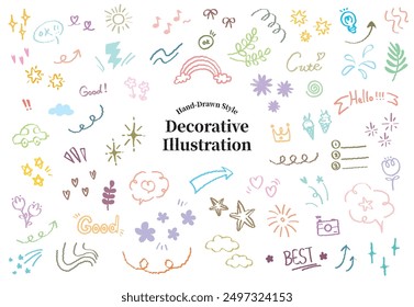 Set von niedlichen Stift Linie Doodle Element Vektor. Glitzer-Stiftelemente im Cartoon-Stil. Sparkle Linie Elemente Dekoration Symbol Set Symbol. Pfeile, Herz, Sterne, Blumen, Herzen, Zeichen Wolke und Symbole.