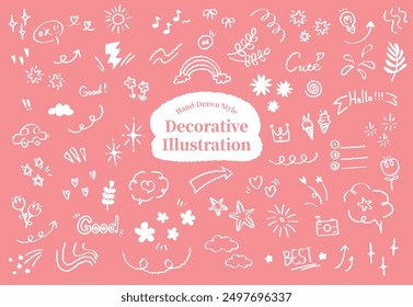 Set of cute pen line doodle element vector. Cartoon style glitter pen line elements. Sparkle line elements decoration symbol set icon. Arrows, heart, stars, flowers, hearts, signs cloud and symbols.
