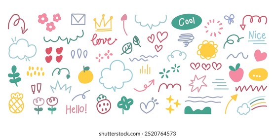 Conjunto de linda línea de pluma doodle elemento Vector. Dibujado a mano estilo doodle colección de flecha, burbuja de discurso, corona, flor, garabato, colorido. Diseño para decoración, pegatina, póster de ídolo, redes sociales.