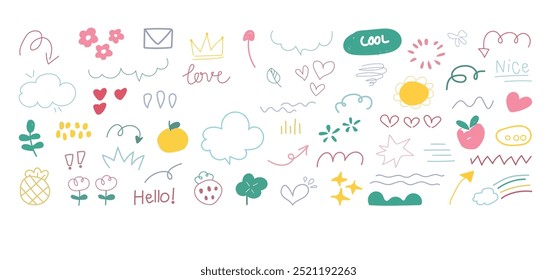 Conjunto de linda línea de pluma doodle elemento Vector. Dibujado a mano estilo doodle colección de flecha, burbuja de discurso, corona, flor, garabato, colorido. Diseño para