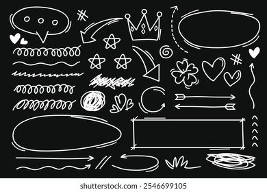 Set of cute pen line doodle element isolated on black background. Hand drawn doodle style collection. Vector illustration