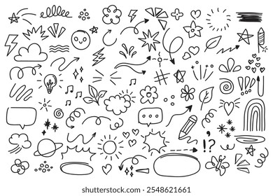 Set of cute pen line doodle element isolated on white background. Hand drawing doodle style collection.